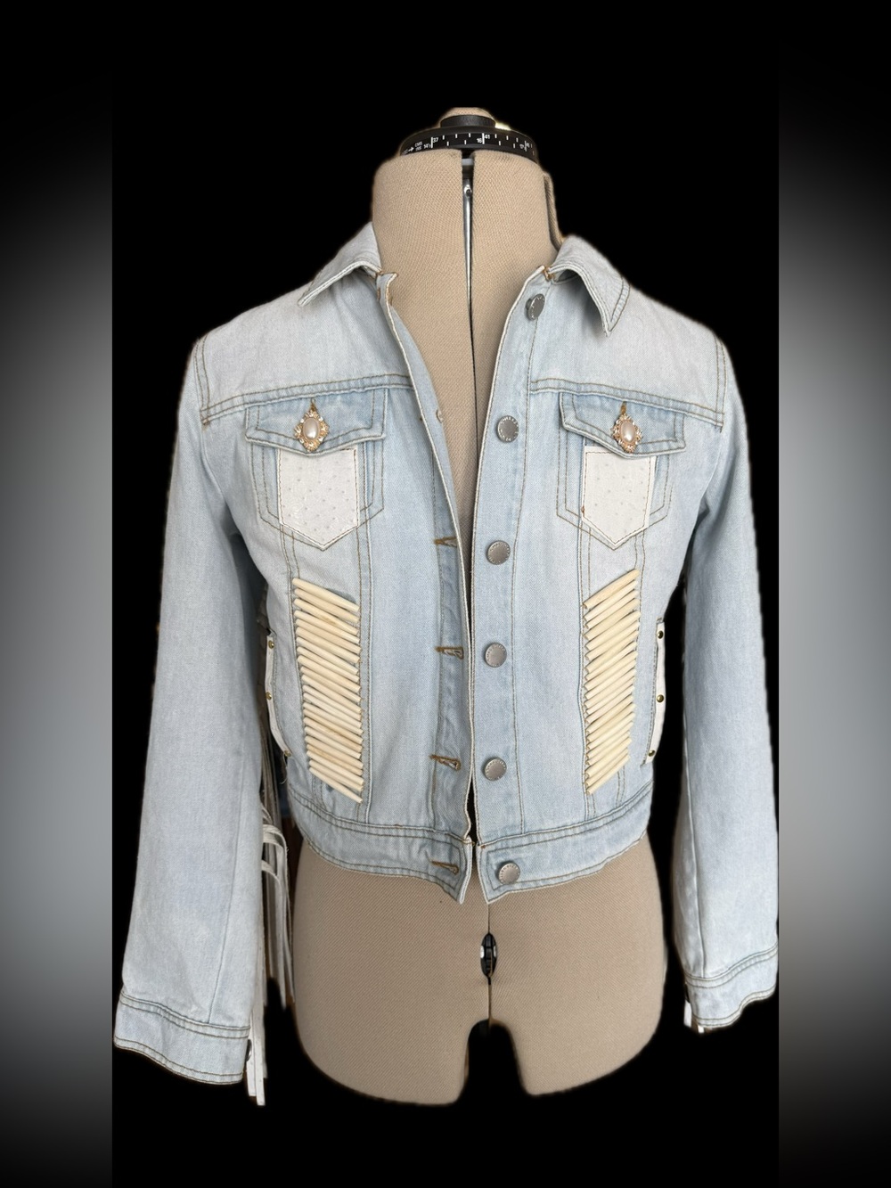 Custom Light Wash Denim Jean Jacket with Cream Accent Panels - Real Ostrich
